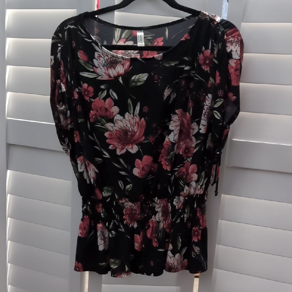 Perseption Floral Blouse with Black and Pink Accents